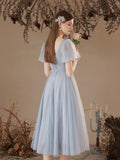 solvbao Gray Tulle Pearl Short Prom Dress, Cute Short Sleeve Party Dress