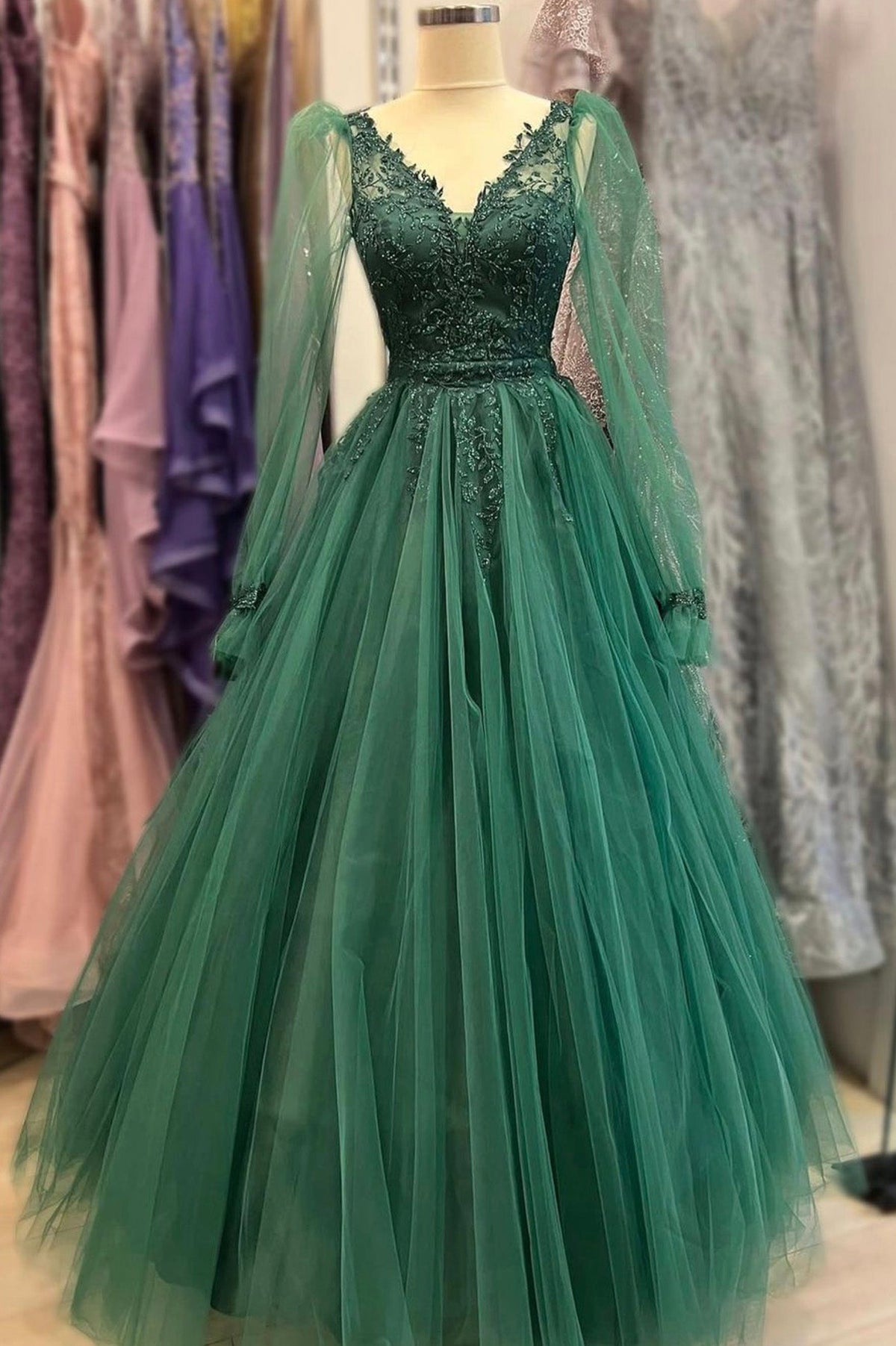 solvbao Green V-Neck Tulle Long Prom Dresses, A-Line Long Sleeve Evening Dresses