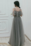 solvbao Gray Tulle Sequins Long Prom Dresses, A-Line Evening Dresses