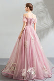 solvbao Pink Tulle Lace Long A-Line Prom Dresses, Pink Evening Dresses