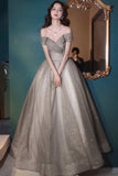 solvbao Grey Tulle Long Prom Dresses, A-Line Off the Shoulder Prom Dresses