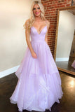 solvbao Purple V-Neck Tulle Long Prom Dress, A-Line Evening Party Dress