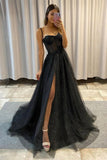 solvbao Black Lace Long A-Line Prom Dresses, Black Spaghetti Strap Evening Dresses