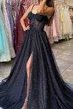 solvbao Black Lace Long A-Line Prom Dresses, Black Spaghetti Strap Evening Dresses