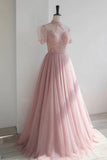 solvbao Pink Tulle Beading Long Prom Dresses, Lovely A-Line Evening Party Dresses