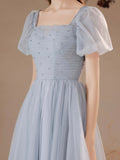 solvbao Gray Tulle Pearl Short Prom Dress, Cute Short Sleeve Party Dress