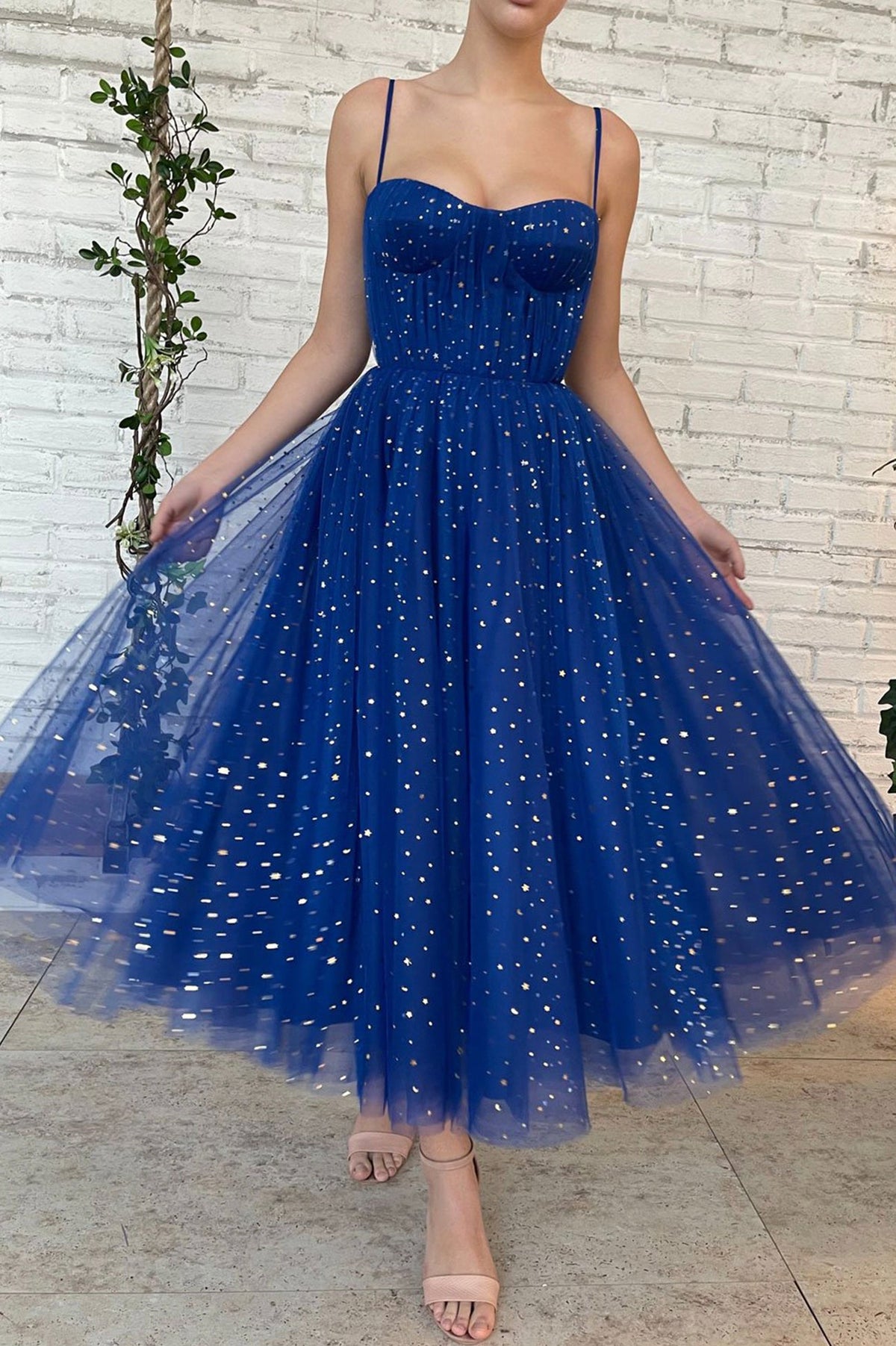 solvbao Blue Tulle Short Prom Dresses, A-Line Spaghetti Strap Evening Dresses