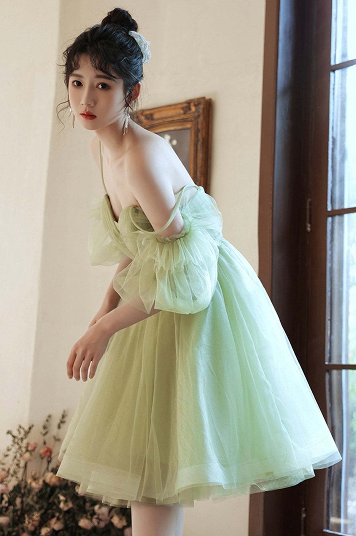 solvbao Green Tulle Short Prom Dress, Green Mini Party Dress