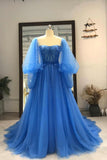 solvbao Blue Tulle Long Prom Dresses, A-Line Long Sleeve Evening Dresses