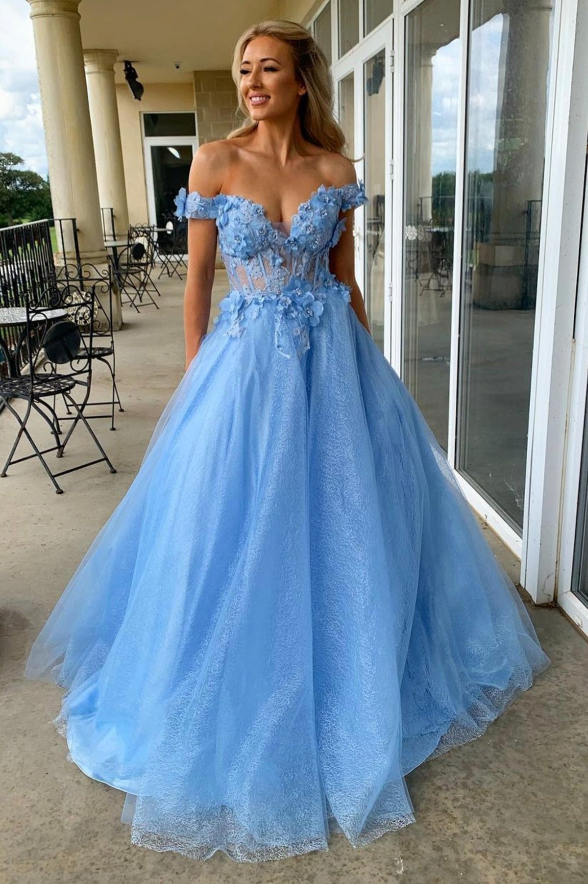 solvbao Blue Tulle Lace Long Prom Dresses, A-Lone Off the Shoulder Evening Dresses