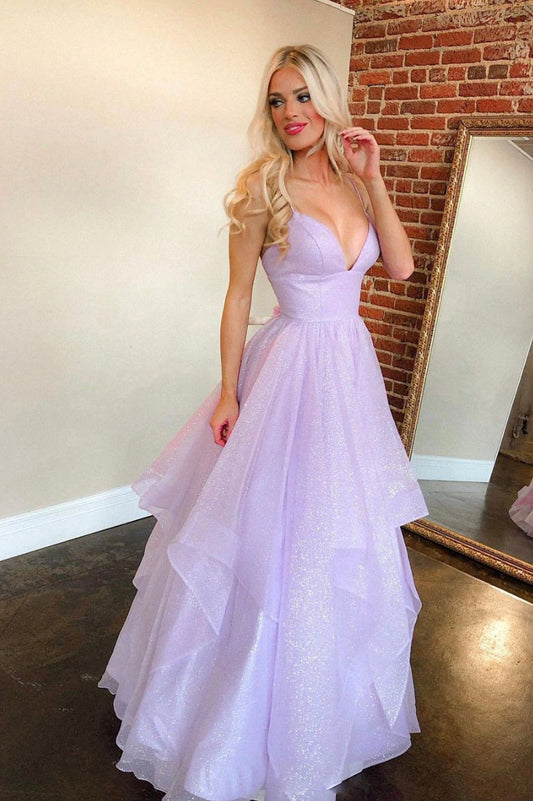 solvbao Purple V-Neck Tulle Long Prom Dress, A-Line Evening Party Dress