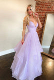 solvbao Purple V-Neck Tulle Long Prom Dress, A-Line Evening Party Dress