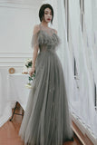 solvbao Gray Tulle Sequins Long Prom Dresses, A-Line Evening Dresses