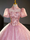 solvbao Pink Tulle and Lace Long Prom Dress with Sequins, Beautiful A-Line Sweet 16 Dress