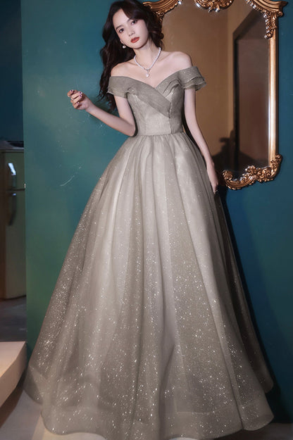 solvbao Grey Tulle Long Prom Dresses, A-Line Off the Shoulder Prom Dresses