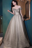 solvbao Grey Tulle Long Prom Dresses, A-Line Off the Shoulder Prom Dresses