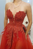 solvbao Red Strapless Lace Beading Long Prom Dresses, Red Evening Dresses