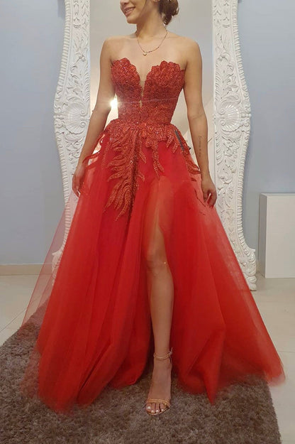 solvbao Red Strapless Lace Beading Long Prom Dresses, Red Evening Dresses