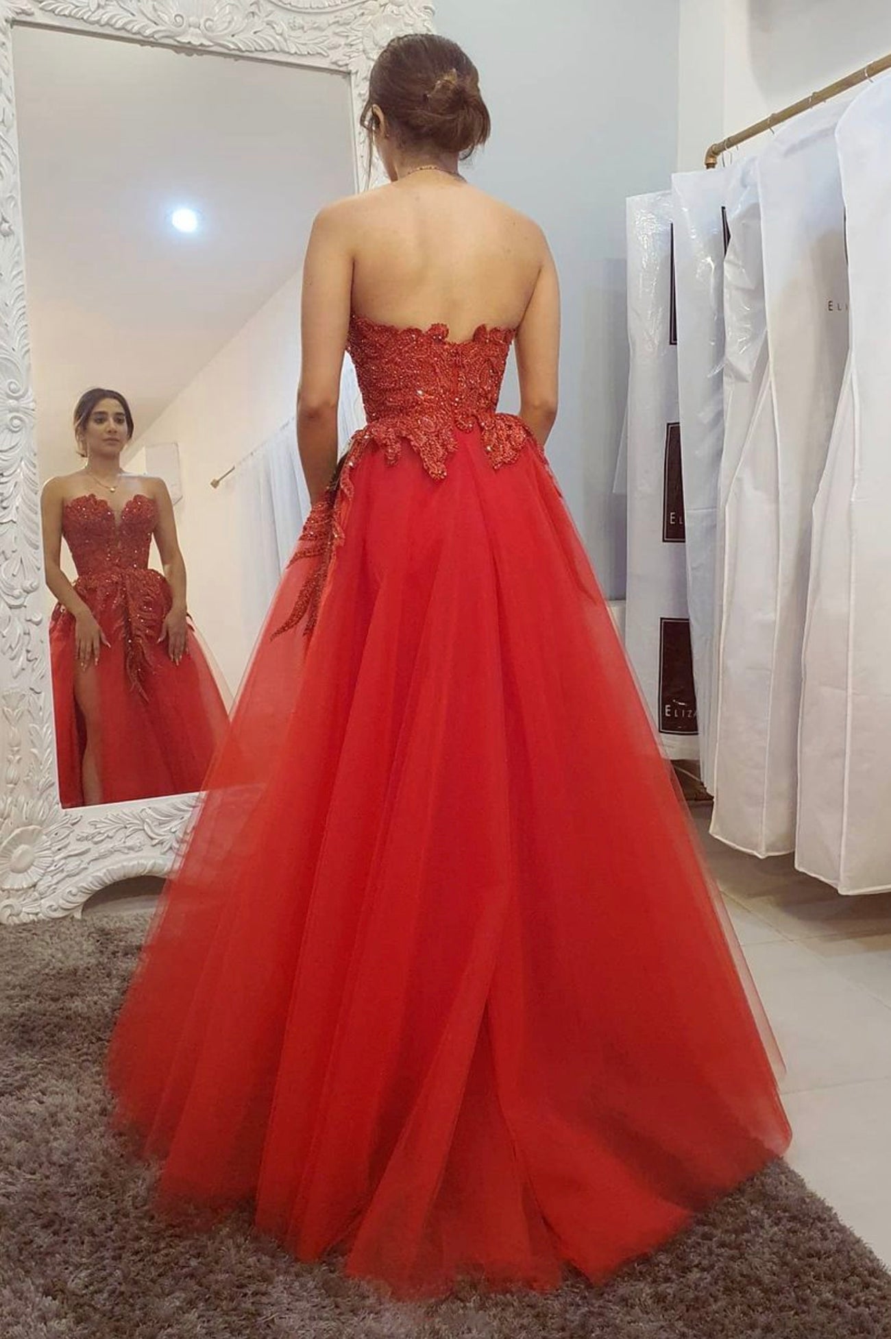 solvbao Red Strapless Lace Beading Long Prom Dresses, Red Evening Dresses