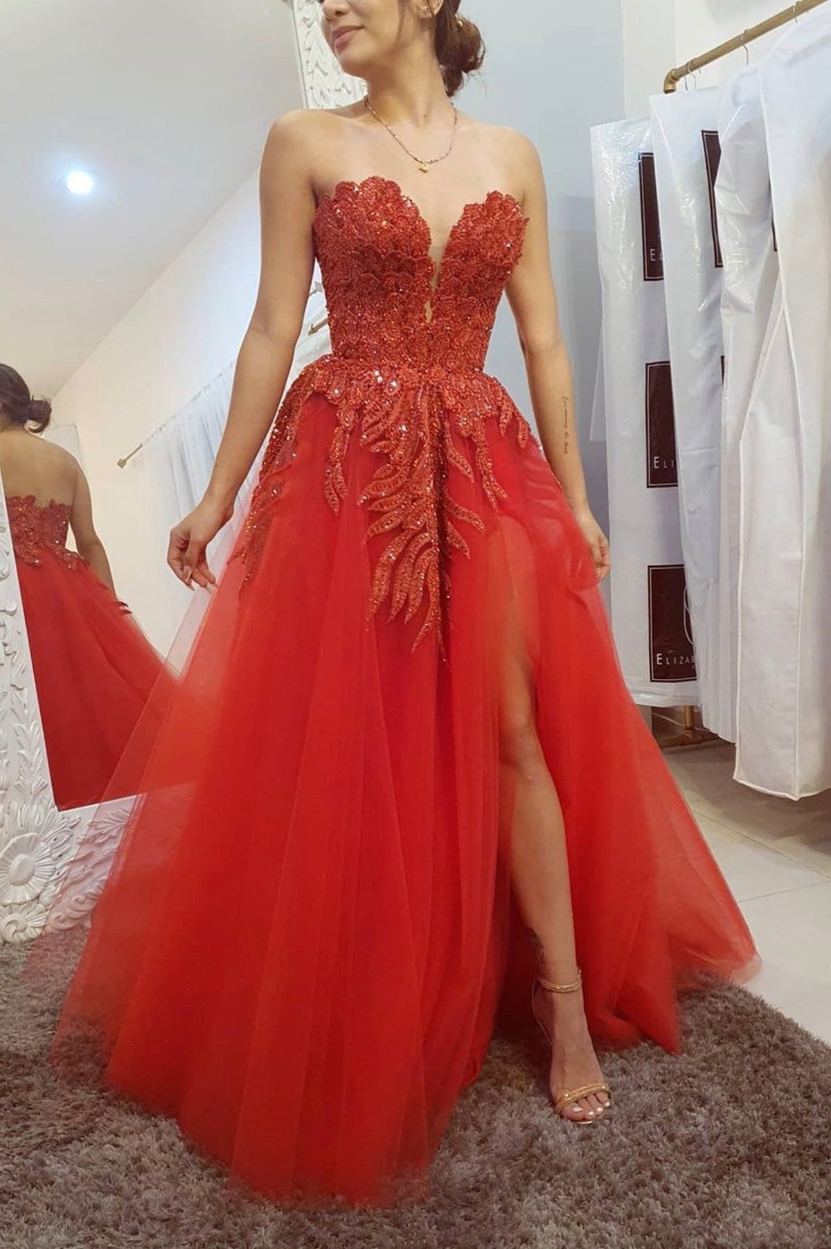 solvbao Red Strapless Lace Beading Long Prom Dresses, Red Evening Dresses