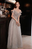 solvbao Gray Tulle Sequins Long Prom Dresses, A-Line Off the Shoulder Evening Dresses