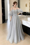 solvbao Gray Tulle Lace Long Prom Dresses, A-Line Evening Dresses