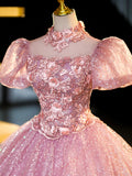 solvbao Pink Tulle and Lace Long Prom Dress with Sequins, Beautiful A-Line Sweet 16 Dress