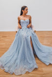 solvbao Blue Lace and Tulle Long Prom Dresses, A-Line Strapless Evening Dresses