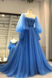 solvbao Blue Tulle Long Prom Dresses, A-Line Long Sleeve Evening Dresses