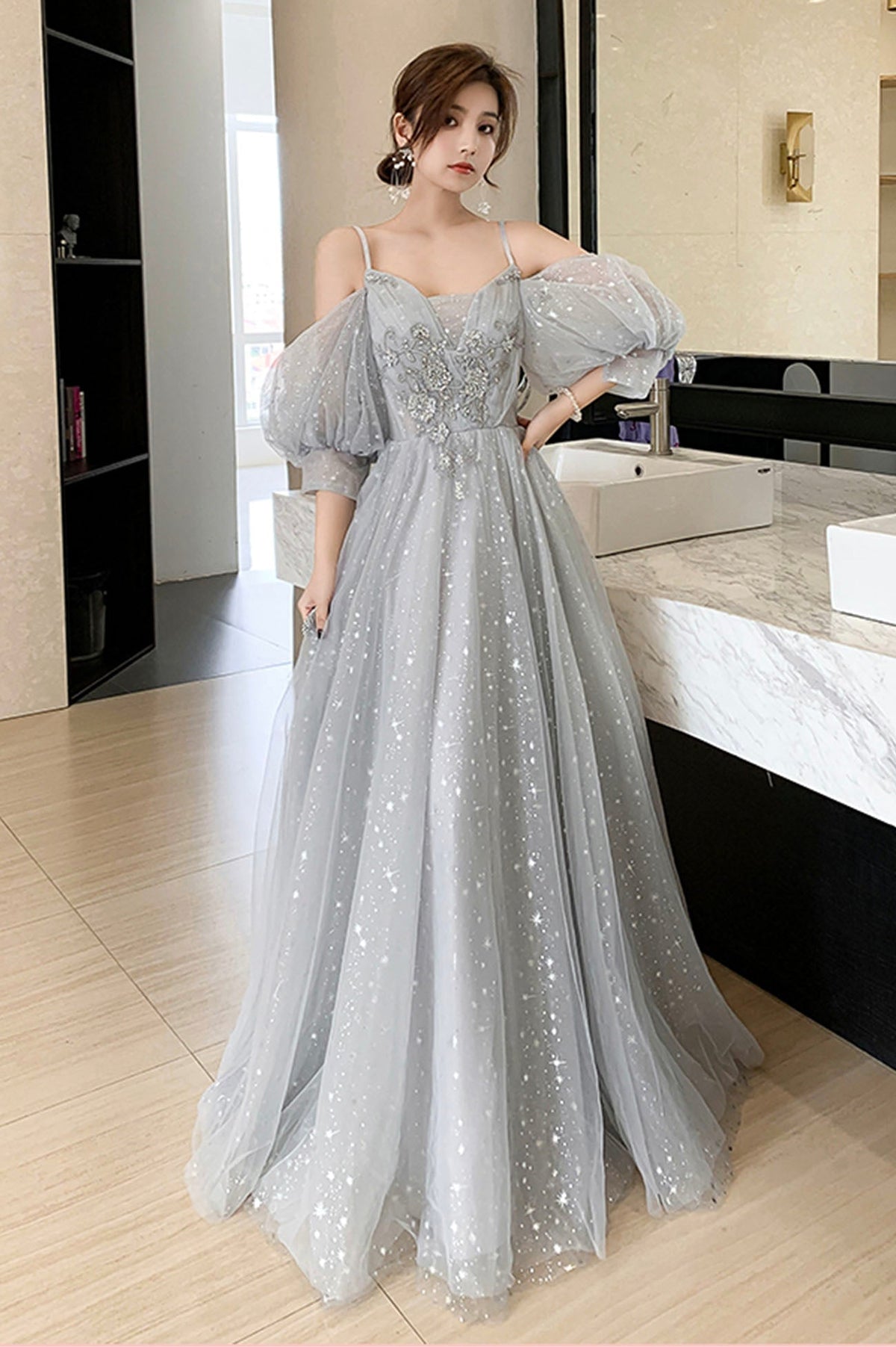 solvbao Gray Tulle Sequins Long Prom Dresses, A-Line Evening Dresses