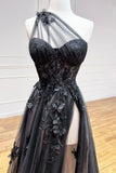 solvbao Black Tulle Lace Long Prom Dress, One Shoulder Evening Dress with Slit