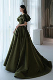 solvbao Green Satin Long A-Line Prom Dresses, Cute Puff Sleeves Evening Dresses