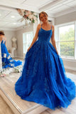 solvbao Blue Lace Long Prom Dresses, A-Line Backless Evening Party Dress