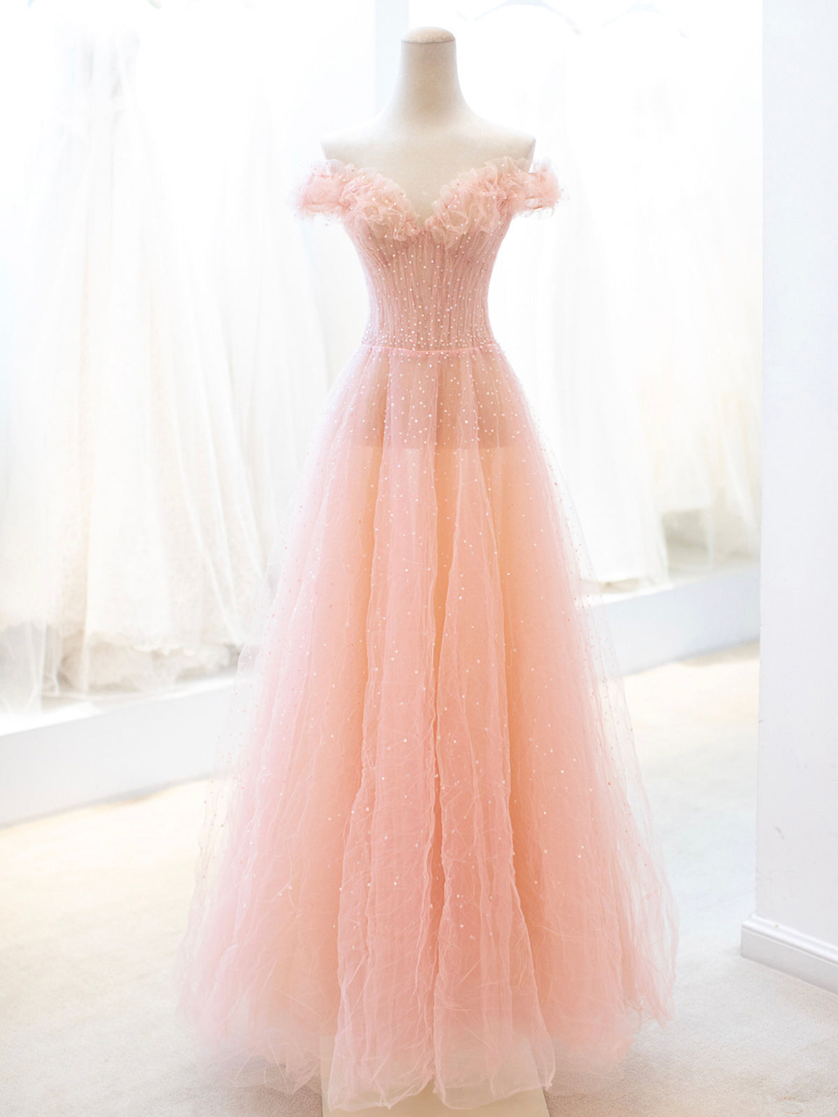 solvbao Pink Tulle Sequins Long Prom Dress, A-Line Lovely Evening Party Dress