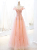 solvbao Pink Tulle Sequins Long Prom Dress, A-Line Lovely Evening Party Dress