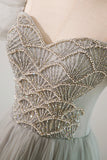 solvbao Gray Tulle Beading Long Prom Dress, A-Line Short Sleeve Evening Dress