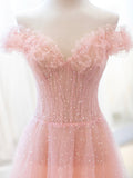 solvbao Pink Tulle Sequins Long Prom Dress, A-Line Lovely Evening Party Dress