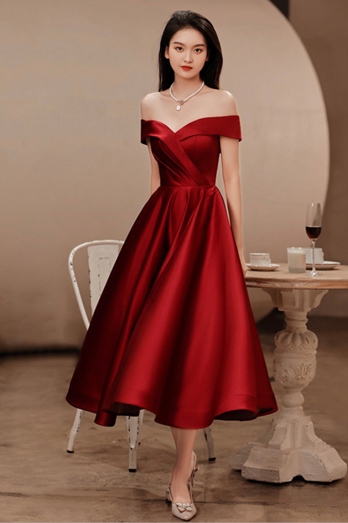 solvbao Burgundy Satin Short Prom Dresses, Off the Shoulder Evening Dresses