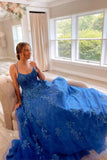 solvbao Blue Lace Long Prom Dresses, A-Line Backless Evening Party Dress