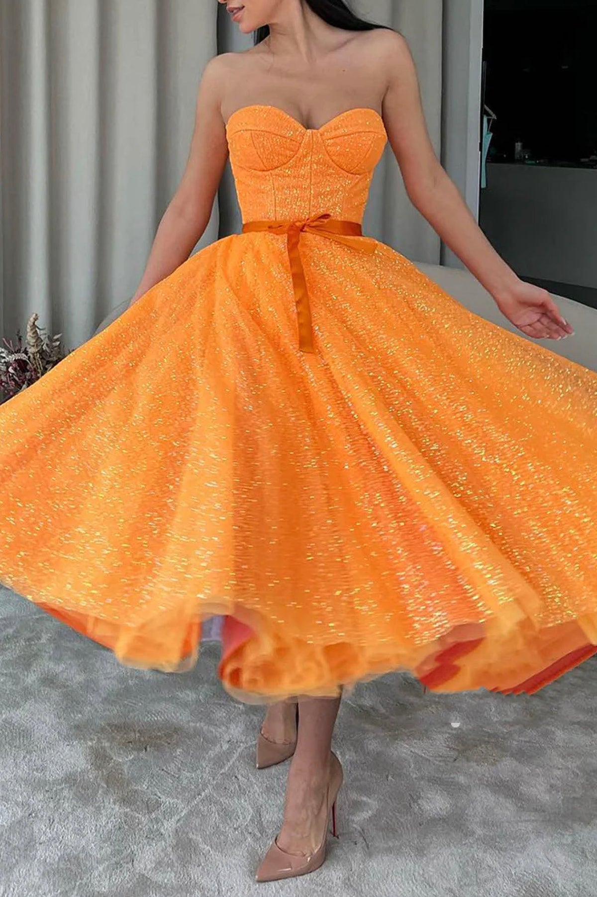 solvbao Orange Tulle Short A-Line Prom Dress, Cute Strapless Party Dress