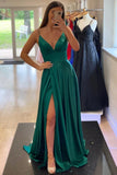 solvbao Simple V-Neck Satin Long Prom Dresses, Evening Dress with Slit