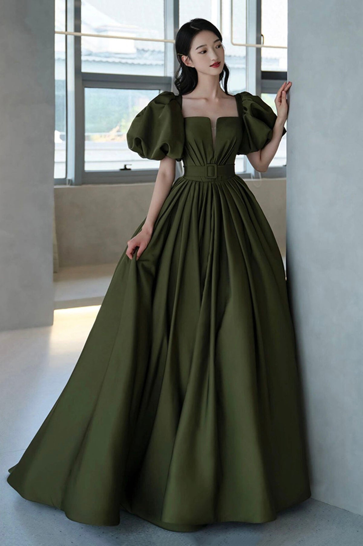 solvbao Green Satin Long A-Line Prom Dresses, Cute Puff Sleeves Evening Dresses