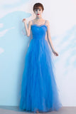 solvbao Blue Tulle Long Prom Dresses, A-Line Evening Dresses