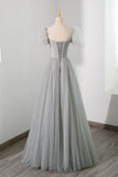 solvbao Gray Tulle Beading Long Prom Dress, A-Line Short Sleeve Evening Dress