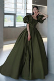 solvbao Green Satin Long A-Line Prom Dresses, Cute Puff Sleeves Evening Dresses