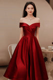 solvbao Burgundy Satin Short Prom Dresses, Off the Shoulder Evening Dresses