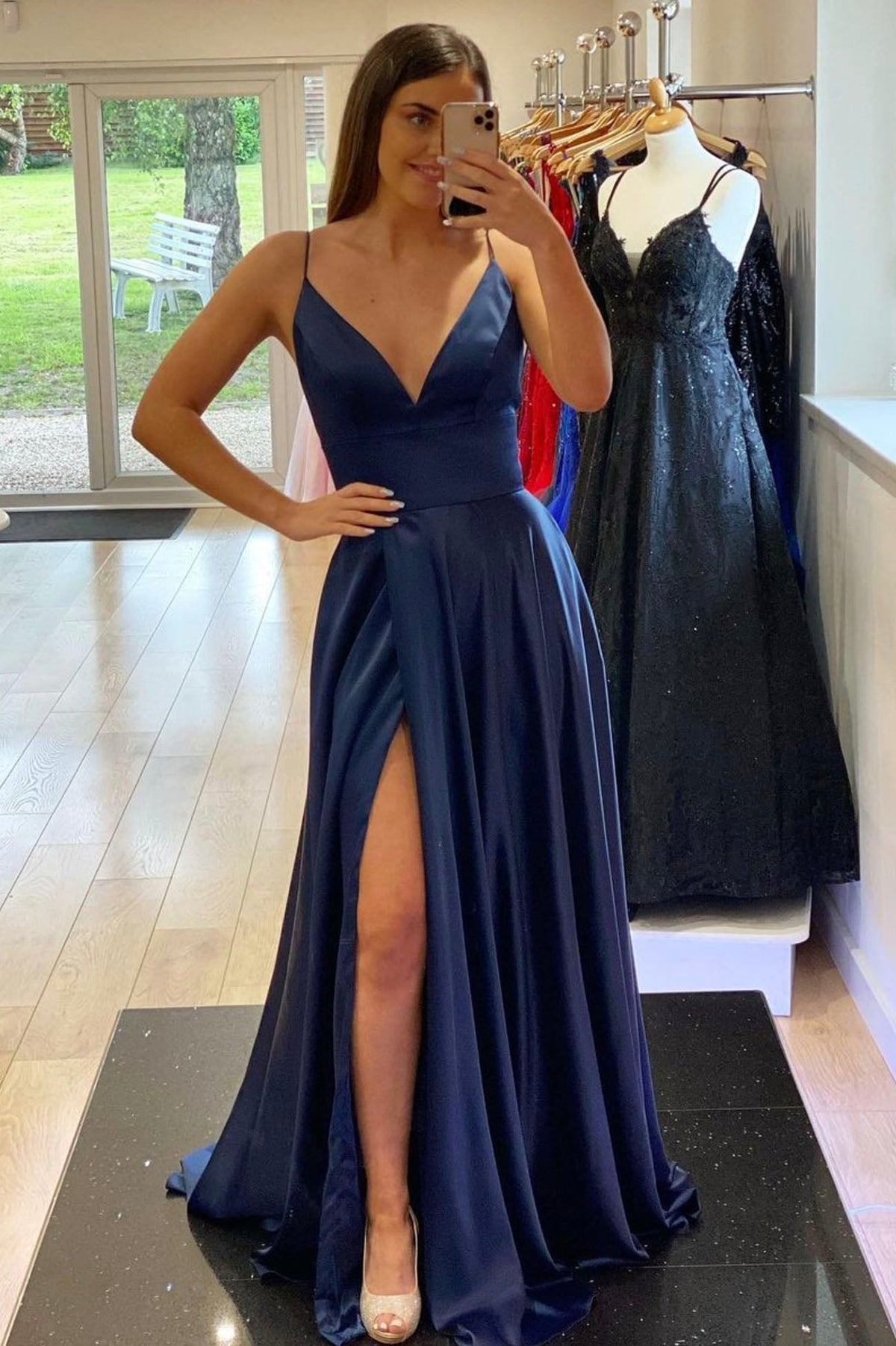 solvbao Simple V-Neck Satin Long Prom Dresses, Evening Dress with Slit