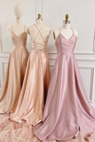 solvbao Simple V-Neck Satin Long Prom Dress, A-Line Backless Evening Dress