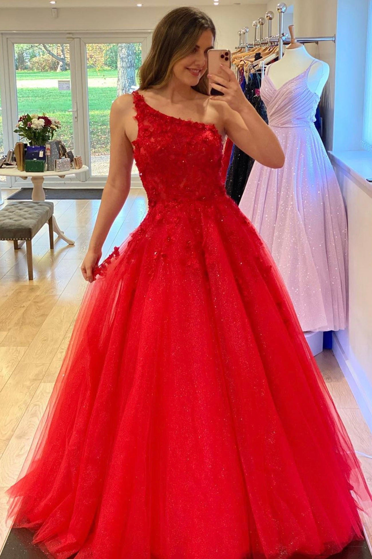 solvbao Red Lace Long Prom Dresses, One Shoulder Evening Dresses