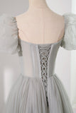 solvbao Gray Tulle Beading Long Prom Dress, A-Line Short Sleeve Evening Dress